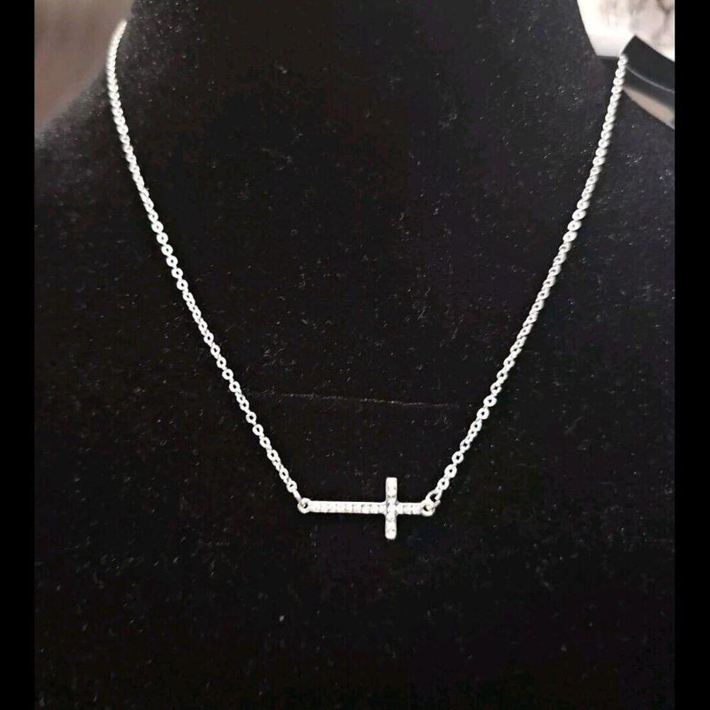 Silver Tone Sideways Cross Necklace Rhinestones 18” Religious Retail $16